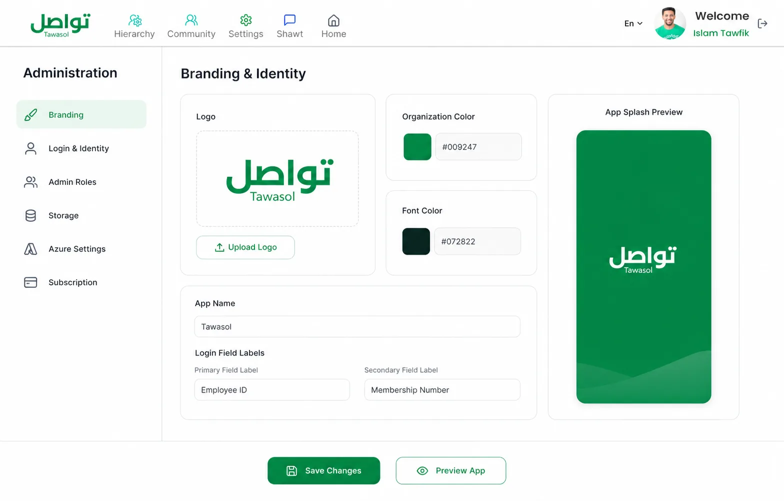 Tawasol Identity control screen