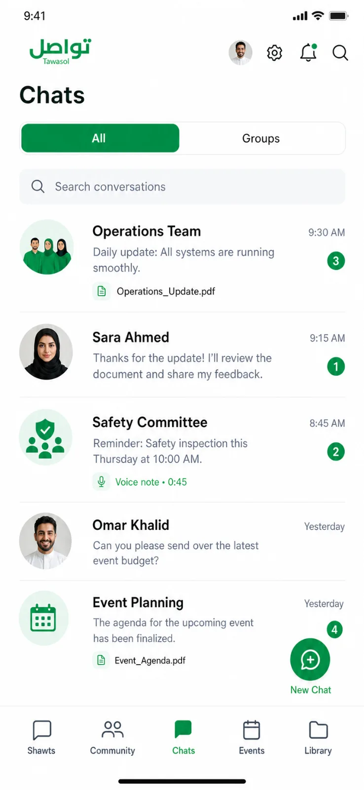 Tawasol Chats conversation list